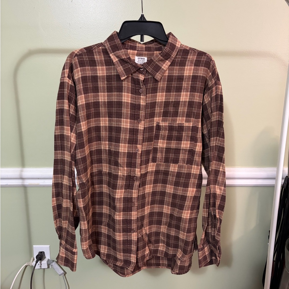 Cotton On Women’s Tan and Brown Plaid Shirt